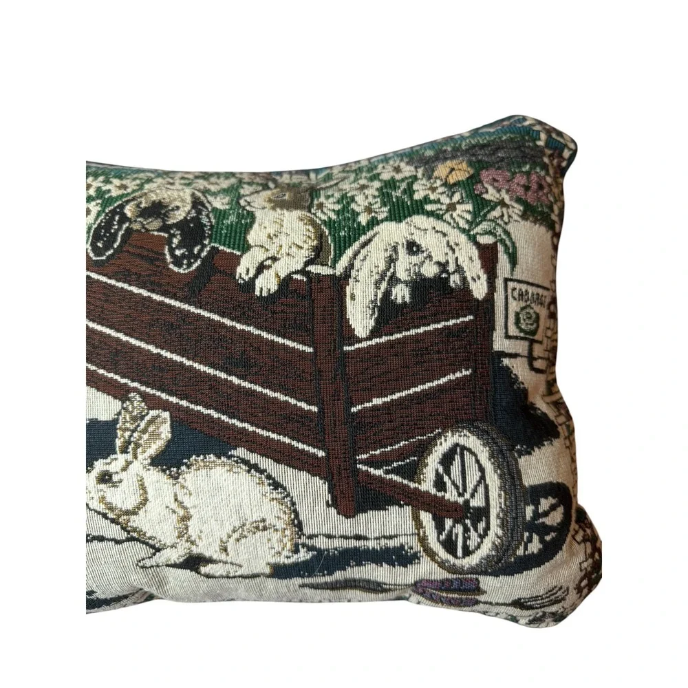 Vintage Bunny Rabbit Woven Tapestry Throw Pillow Cottagecore Farmhouse Decor